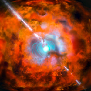 Artist's conception of a supernova and associated gamma-ray burst driven by a magnetar.