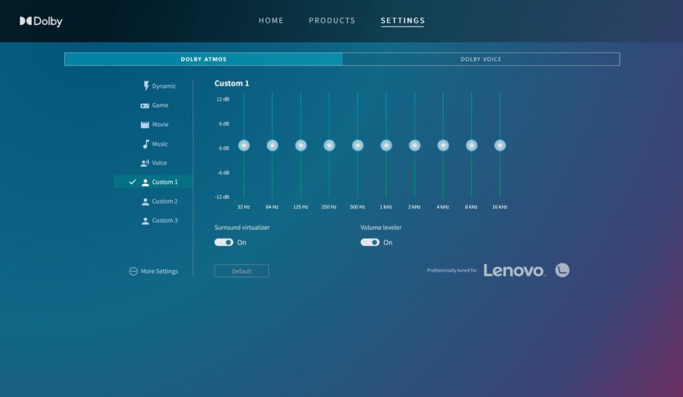 The Dolby app lets you store three custom audio profiles.