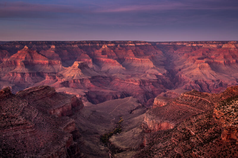 The Grand Canyon viewed from the South Rim adjacent to the El Tovar Hotel on November 11, 2019, in Grand Canyon National Park, Arizona.