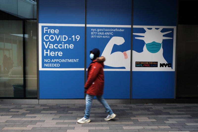 A sign for a vaccine site stands in Staten Island on November 29, 2021, in New York City. 