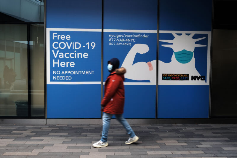 A sign for a vaccine site stands in Staten Island on November 29, 2021, in New York City.