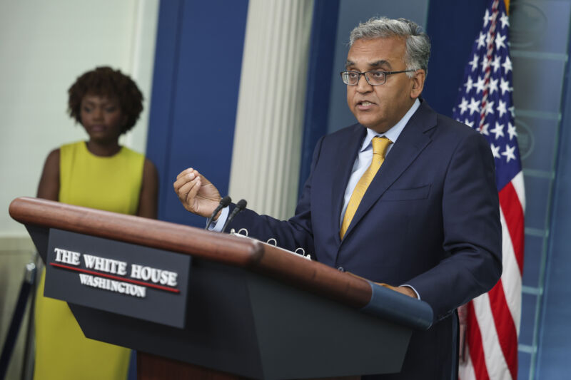 White House COVID-19 Response Coordinator Dr. Ashish Jha speaks alongside White House Press Secretary Karine Jean-Pierre during the daily press briefing at the White House on June 2, 2022, in Washington, DC. 