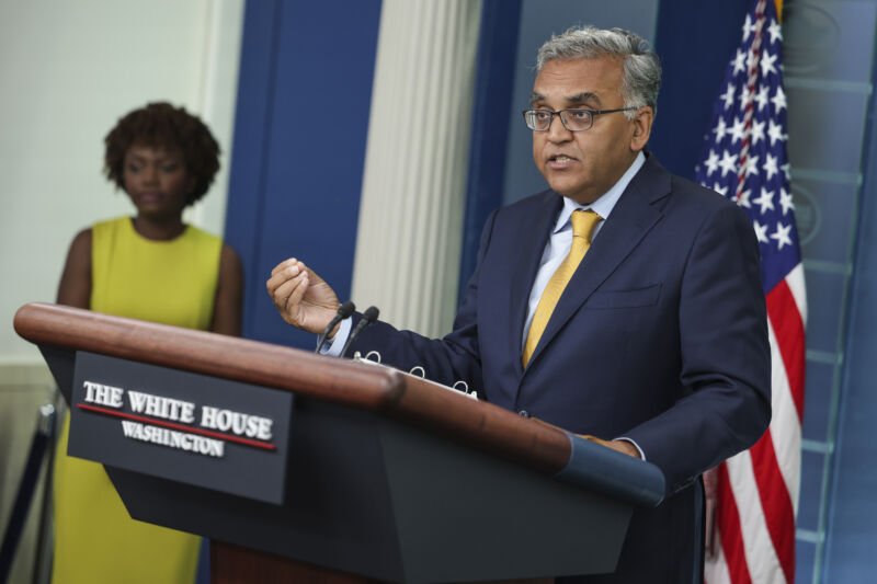 White House COVID-19 Response Coordinator Dr. Ashish Jha speaks alongside White House Press Secretary Karine Jean-Pierre during the daily press briefing at the White House on June 2, 2022, in Washington, DC.