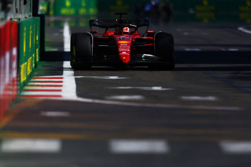 A Ferrari F1 car on track at Baku in Azerbaijan