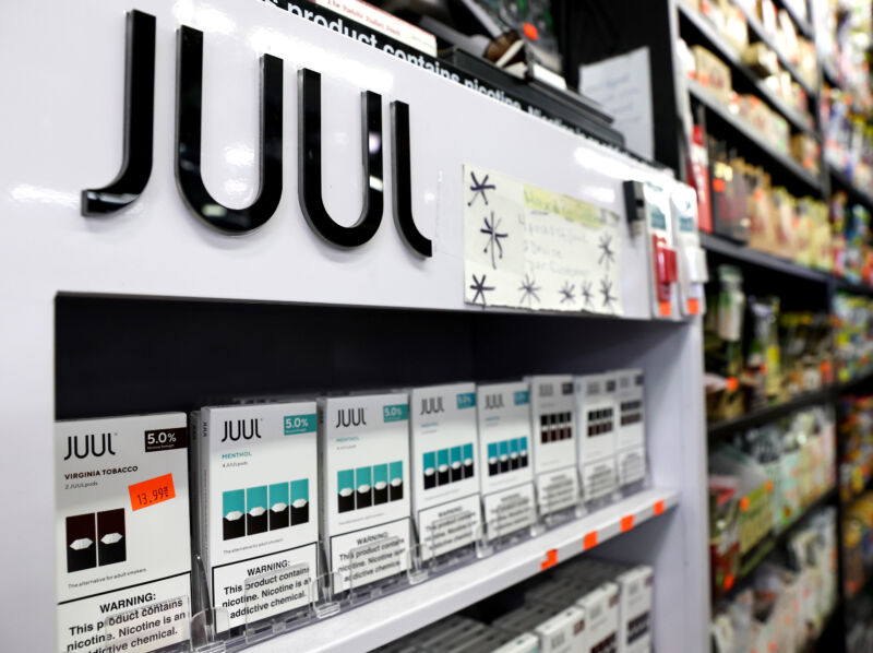 Packages of Juul e-cigarettes are displayed for sale in the Brazil Outlet shop on June 22, 2022 in Los Angeles, California.