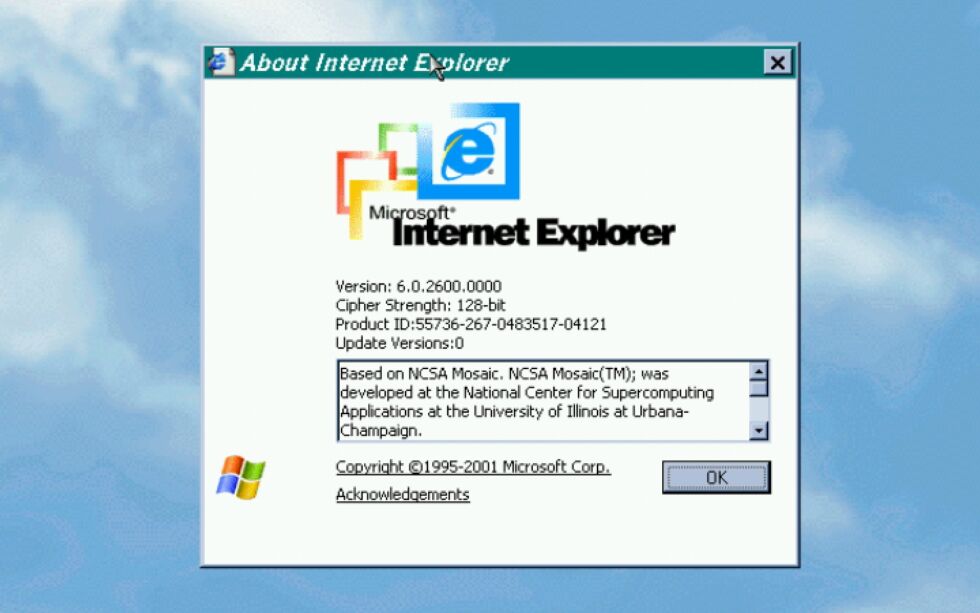Les informations sur l'écran d'Internet Explorer annoncent vos racines Mosaic tout au long de la version 6.