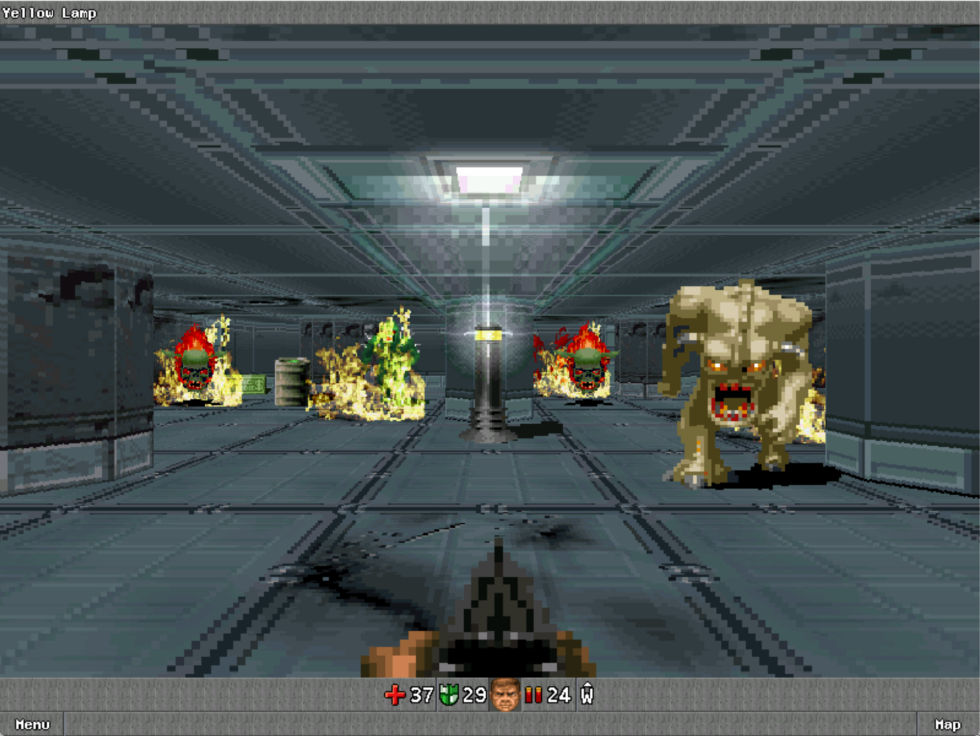 With your every step and action, each monster in this room will respond in kind. Careful positioning matters. (Also, those flaming squares on the ground can be put out with a fire extinguisher, which is one of Doom RPG's new-to-the-series mechanics.)