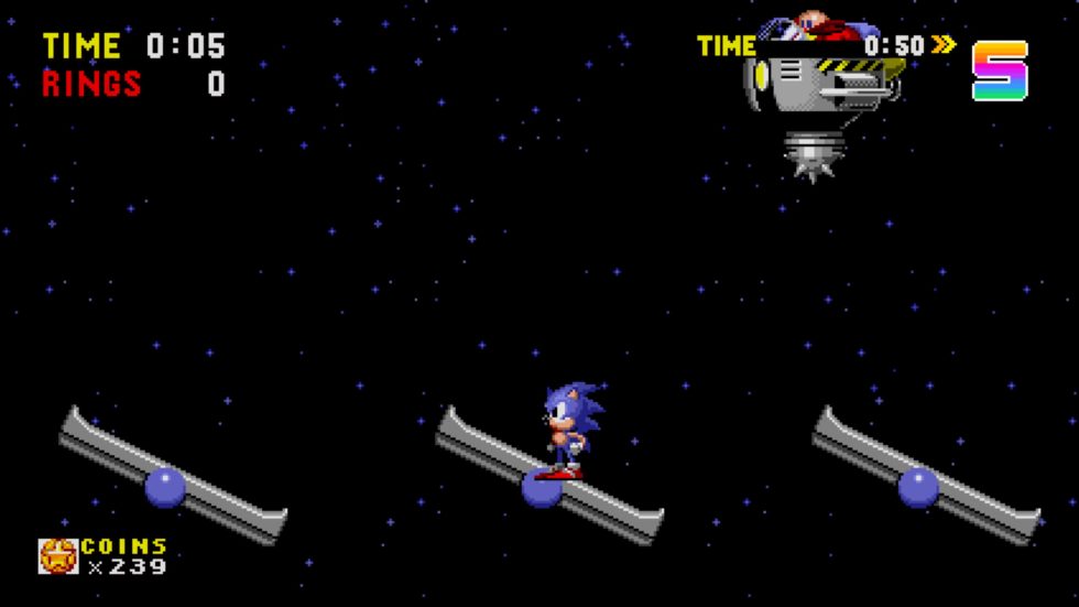 In an example of one mission, you must fight this <em>Sonic 1</em> boss with the challenge cranked up: no life-saving coins and no ground to catch you below. I've yet to beat this challenge quickly enough to earn the challenge's "S" ranking, as indicated at the top-right.