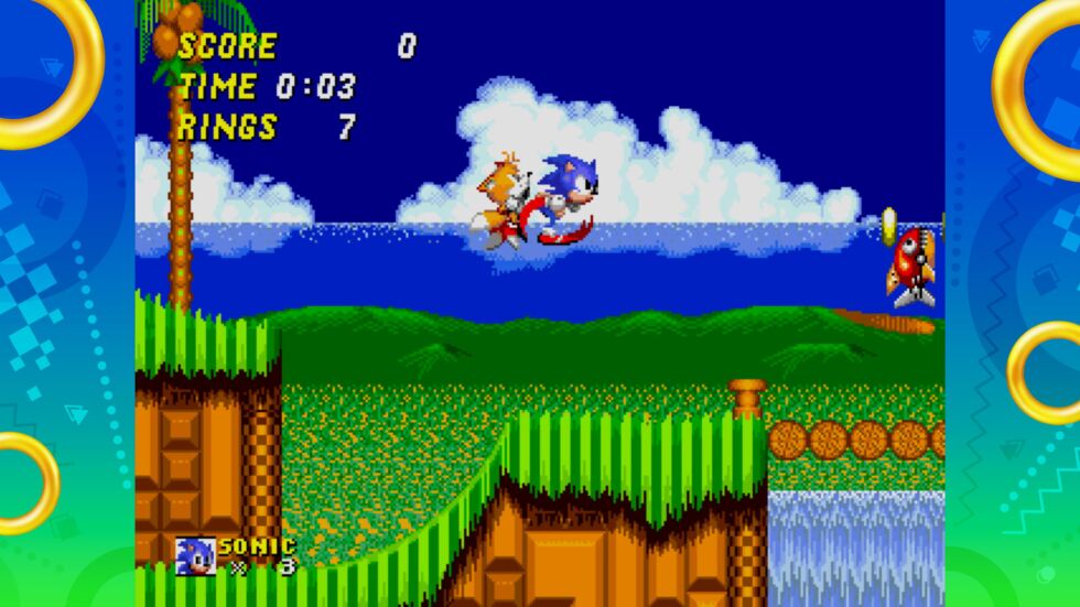 The same <em>Sonic 2</em> moment in "classic" mode. Once you experience classic Sonic games with more viewing distance to the left and right, it's hard to go back to anything less.