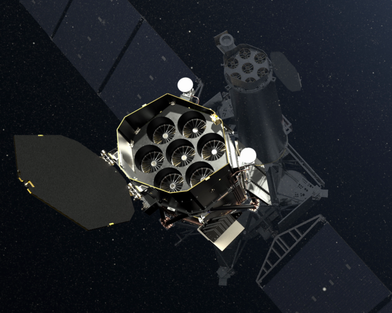 Artist's impression of the Spektr-RG spacecraft carrying the German ‘extended ROentgen Survey with an Imaging Telescope Array’ (eROSITA) X-ray telescope and its Russian ART-XC partner instrument.