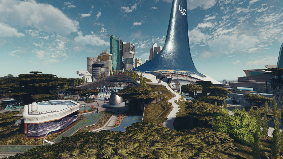 A populated city in <em>Starfield</em>.