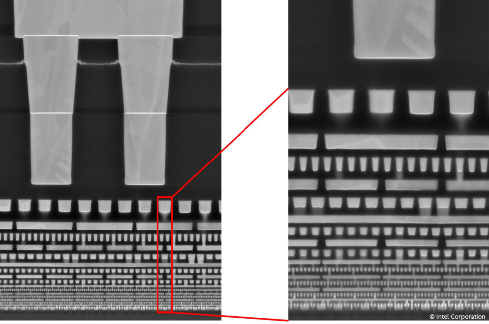 A cross section of a chip made using the Intel 4 process.  Intel says the lower layers are made using EUV lithography, a technology that TSMC and Samsung are already using.