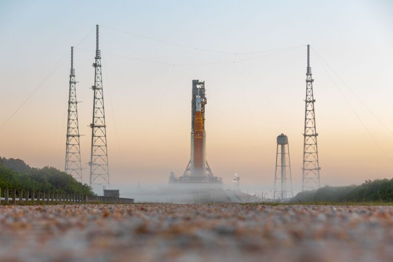 NASA's SLS rocket is seen at sunrise on June 7, 2022, after its second trip to the launch site.