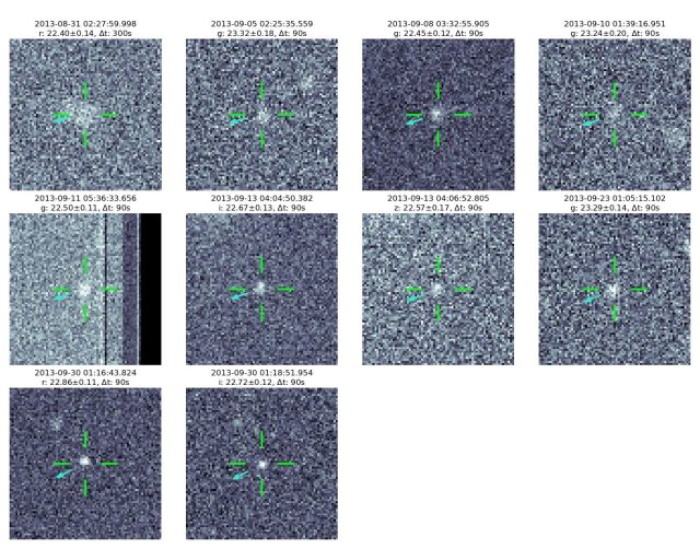 A mosaic of images of one of the 104 discoveries. This object would not have been discoverable by traditional means (only two tracklets, one on September 13 and another on September 30). 