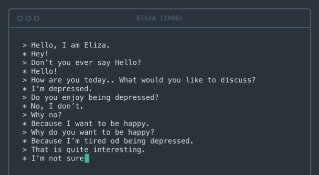 The first computer system to engage people in dialogue was psychotherapy software called Eliza, built more than half a century ago. 