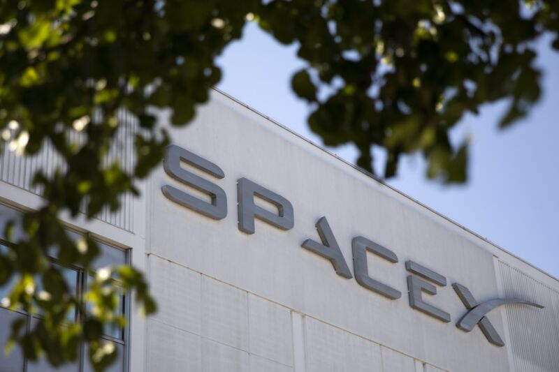 A SpaceX logo seen on the outside of its headquarters building.
