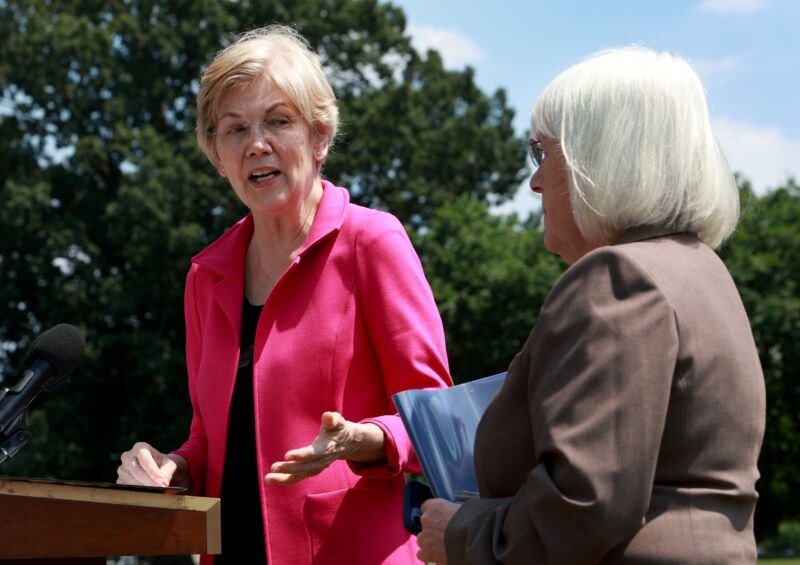 Sen. Elizabeth Warren (D-Mass.) and Sen. Patty Murray (D-Wash.) speak outside during a press conference.