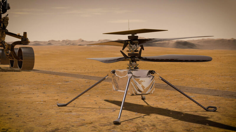 In this concept illustration provided by NASA, NASA's Ingenuity Mars Helicopter stands on the Red Planet's surface as NASA's Mars 2020 Perseverance rover rolls away.