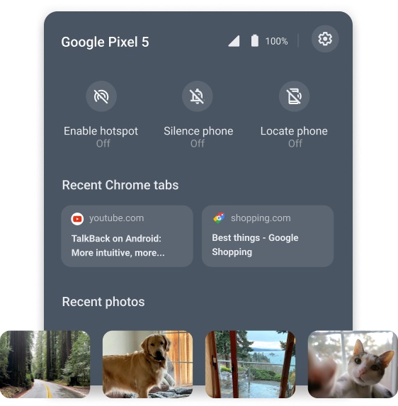 Chrome OS Phone Hub app shows an Android phone's recent photos.