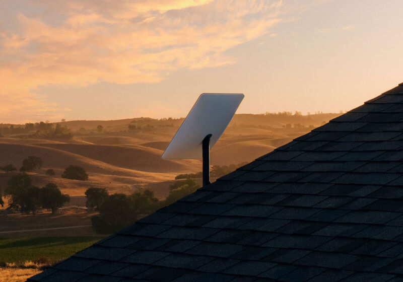 A Starlink satellite dish on the roof of a house.