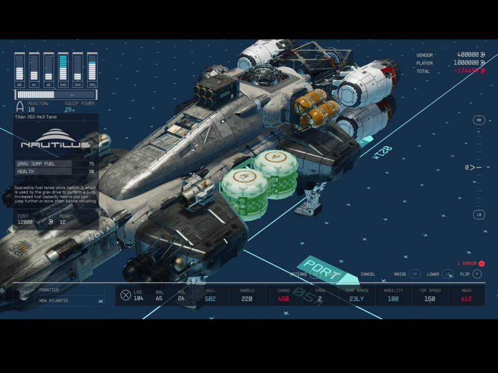 Starfield's spaceship-building interface.