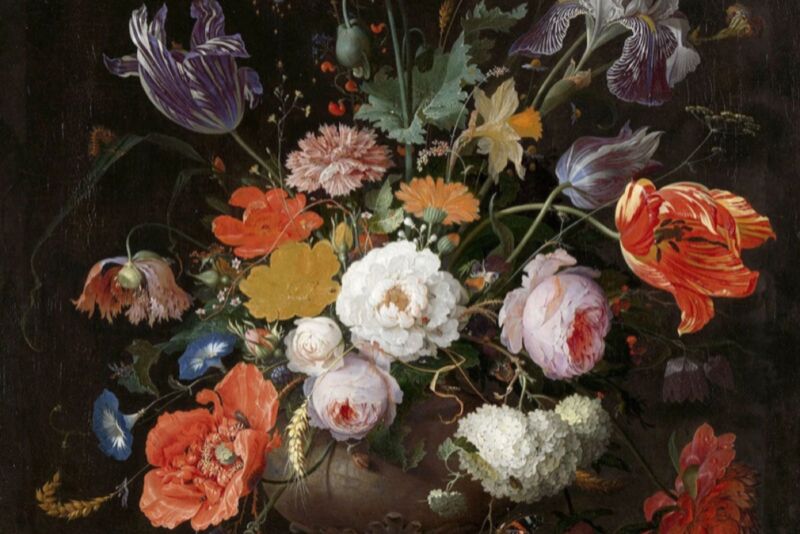 The pigments used to create the yellow rose in Abraham Mignon's <em>Still Life with Flowers and a Watch</em> have degraded, giving the rose a flatter appearance—the opposite of the 3D illusory effect intended by the artist.