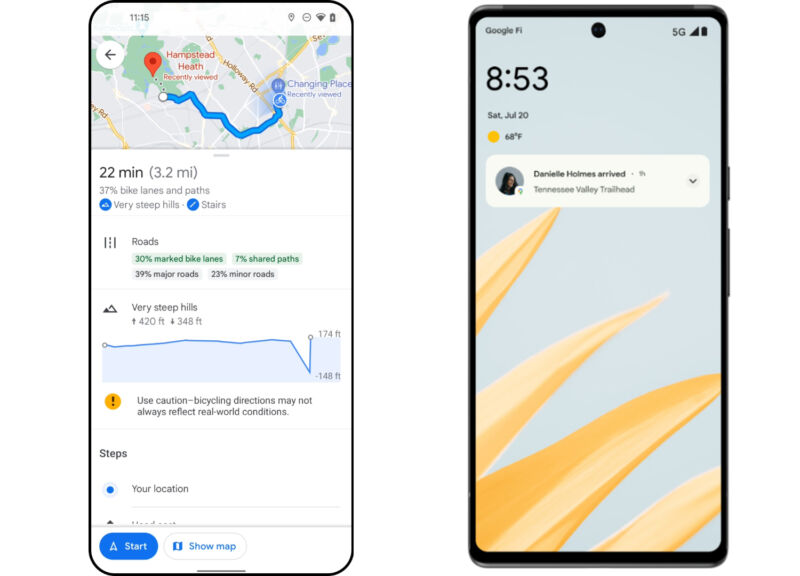 Left: Google Maps bike info shows detailed information about hill size and bike lane quality. Right: A location-sharing notification. 