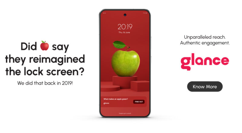 Glance's ad copy promises "authentic engagement" with its lock screen billboard. 