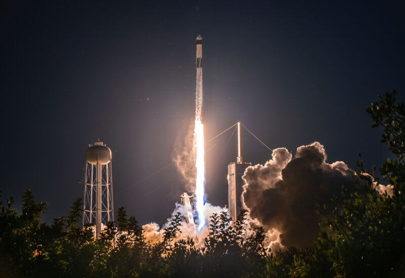 Atop Falcon 9, CRS-25 lifts off on Friday night. Zooming in, you can see mosquitos dotted throughout the frame, backlit by the rocket exhaust.