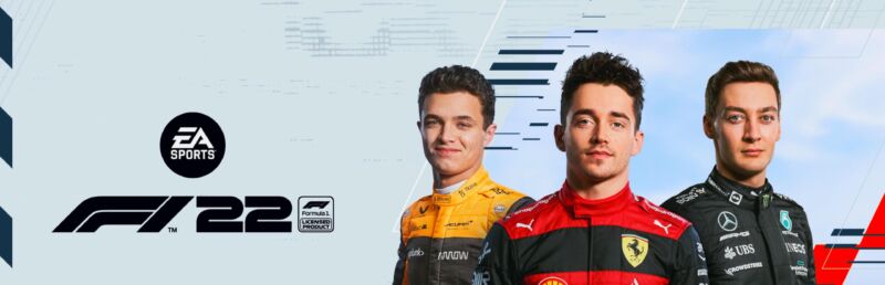 F1 22 splash screen showing Lando Norris, Charles Leclerc, and George Russell.