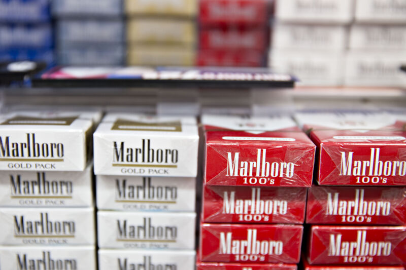 Philip Morris Marlboro brand cigarettes are displayed for sale at a gas station in Tiskilwa, Illinois, U.S., on Wednesday, July 12, 2017. 