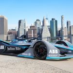 A Formula E car in front of the Manhattan skyline