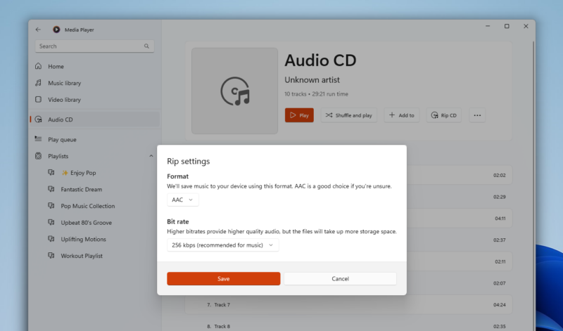 Preparing to rip a CD in the new Windows Media Player app.