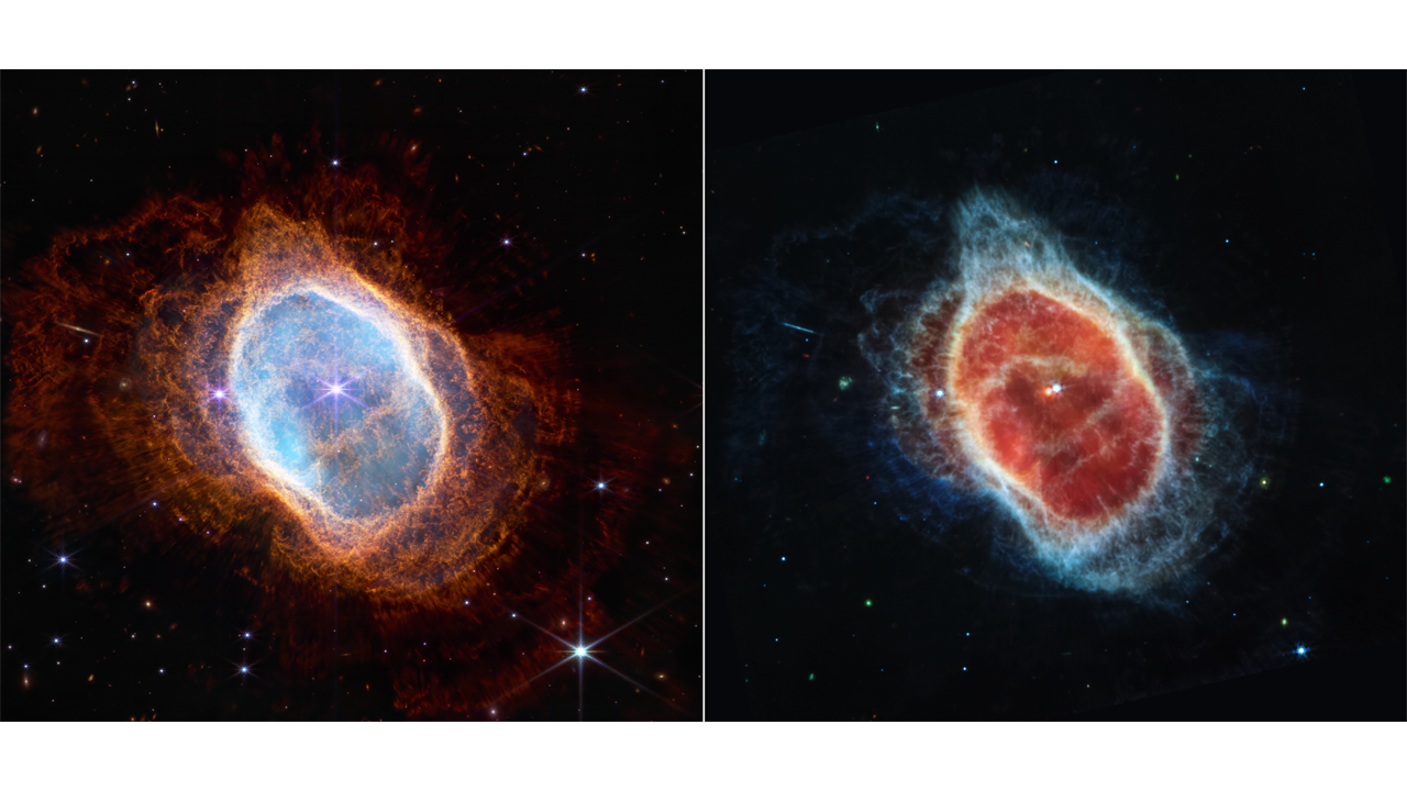 Two different images of the Southern Ring Nebula, taken at different wavelengths.