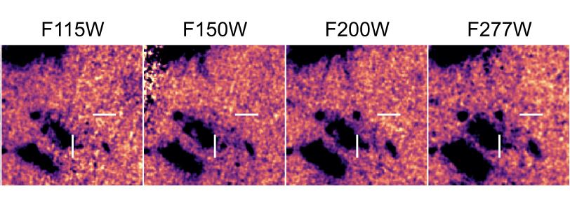 First you don't see it (left), then you do. Reversed brightness images show an object appearing in a region of space highlighted by crosshairs, but only at longer wavelengths.
