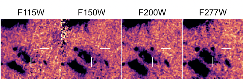 First you don't see it (left), then you see it. Inverted brightness images show an object appearing in a region of space highlighted by graticule, but only at longer wavelengths.