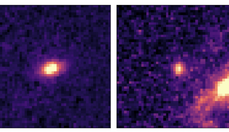 Two roughly spherical and heavily pixillated objects.