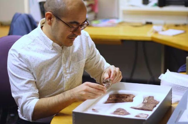 Tom Stewart holds the <em>Qikiqtania</em> fossil.