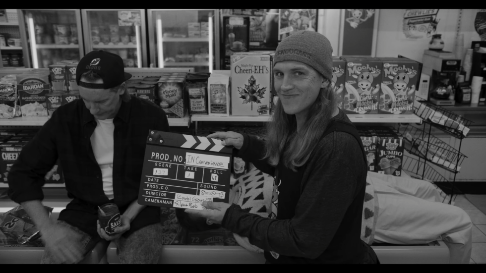 The <em>Clerks III</em> trailer is full of pause-and-giggle gags, including this silly clapperboard and some Mooby's products in the background.