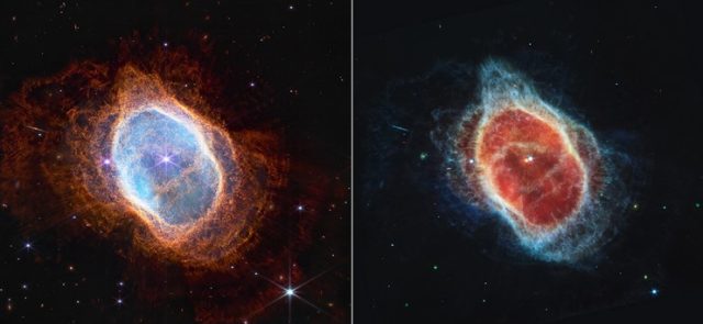 Teleskop Luar Angkasa James Webb baru NASA telah mengungkapkan detail yang tidak biasa di Nebula Cincin Selatan, sebuah nebula planet yang terletak sekitar 2.500 tahun cahaya di konstelasi Vela.  Di sebelah kiri, gambar inframerah-dekat menunjukkan cangkang gas konsentris yang menakjubkan, yang mencatat letusan bintang yang sekarat.  Di sebelah kanan, gambar inframerah-tengah dengan mudah membedakan bintang sekarat di pusat nebula (merah) dari bintang pendampingnya (biru).  Semua gas dan debu di nebula dikeluarkan oleh bintang merah.