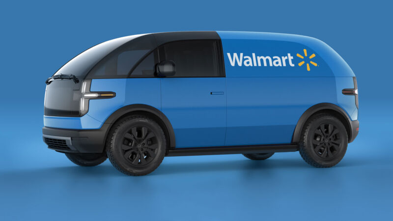 A Canoo LDV wearing Walmart colors. The retailer should receive its first LDVs in 2023.