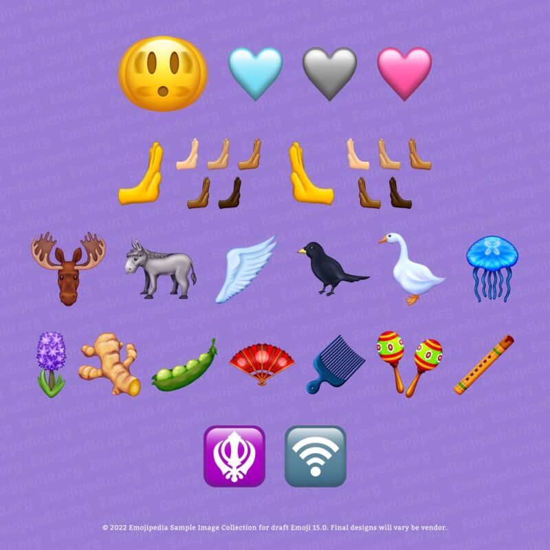 Emojipedia's sample renderings of the new emoji slated for inclusion in version 15.0 of the Unicode standard.