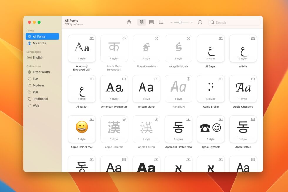 Font Book switches to a tiled UI in Ventura, with quick visual previews of multiple fonts.