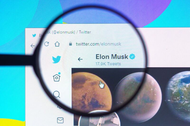 In this illustration photo, Elon Musk's official Twitter profile seen on a computer screen through a magnifying glass.