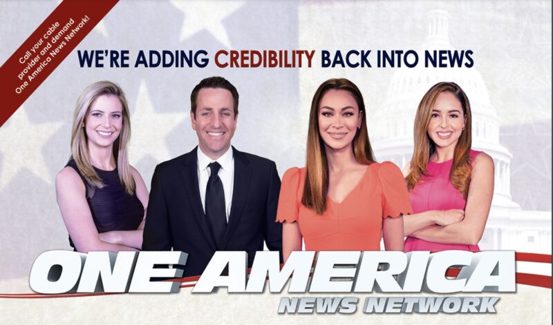 One America News Network promotional item featuring a picture of four newscasters; text that says,