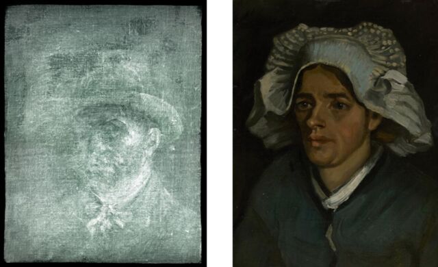 (À gauche) Image radiographique de l’autoportrait caché de Van Gogh. (À droite) van Gogh’s <em>Head of a Peasant Woman</em> (1885).