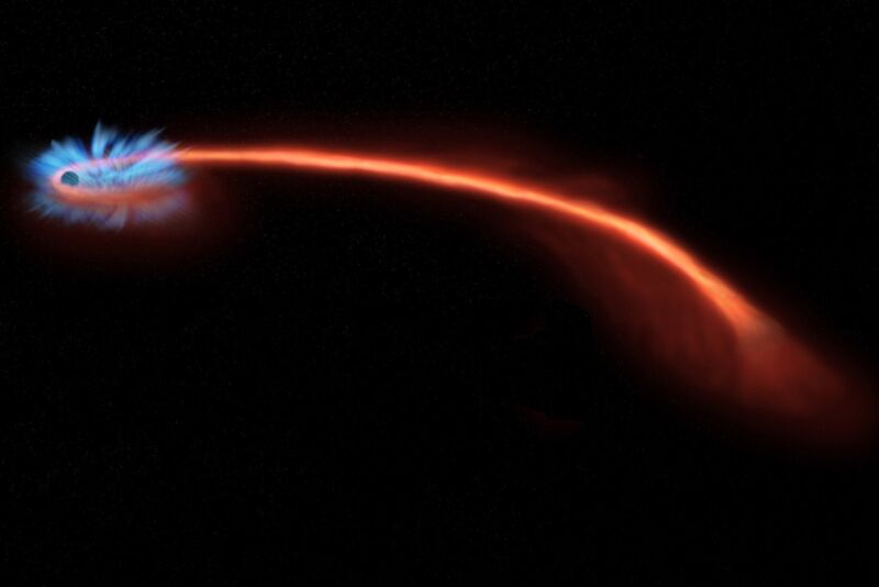 Dacă o stea (dâră roșie) rătăcește prea aproape de o gaură neagră (stânga), aceasta poate fi ruptă sau mărunțită de gravitația intensă.  O parte din materialul stelei orbitează în jurul găurii negre, ca apa dintr-un canal, emițând raze X abundente (albastre). 