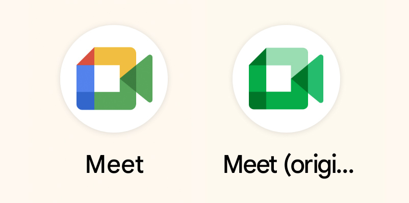 השניים של גוגל "לִפְגוֹשׁ" אפליקציות.  השמאלי הוא Duo.  הנכון הוא Meet.