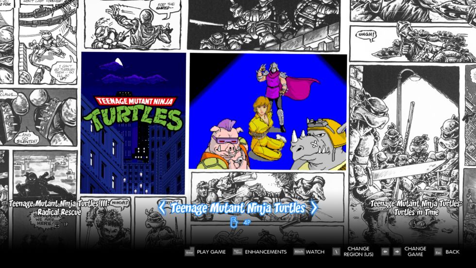 One of the best things about <em>TMNT:CC</em> is its game-selection interface. It scrolls from left to right and inserts gameplay footage between original Eastman and Laird comic book panels.
