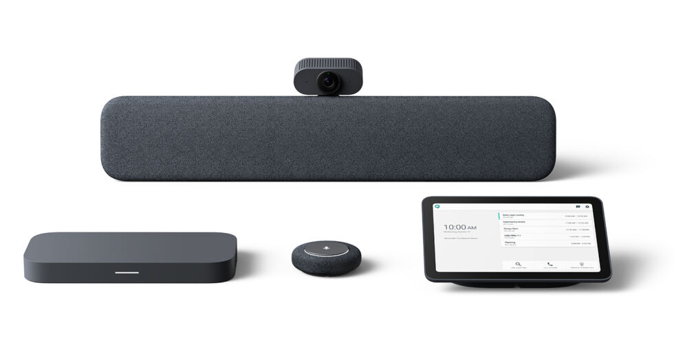 Some Google Meet equipment viz "One Series Medium Room Kit." The speaker panel and camera are installed at the front of your corporate meeting room.